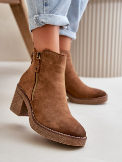 Zateplené dámske členkové topánky na podpätku Eco Suede Brown Velarilla