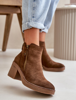 Zateplené dámske členkové topánky na podpätku Eco Suede Dark Brown Velarilla