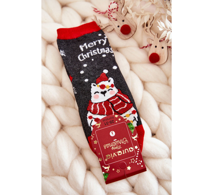 Detské ponožky "Veselé Vianoce" Medveď sivý a červený