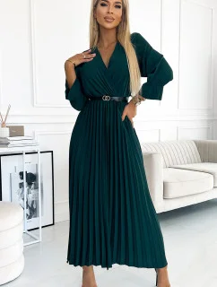 Dámské plisované maxi šaty v lahvově zelené barvě s výstřihem, opaskem a 3/4 rukávy model 18948246 - numoco basic