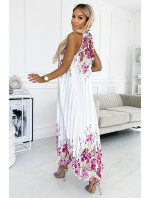 Plisované saténové maxi šaty Numoco ESTER - biele s ružovými kvetmi
