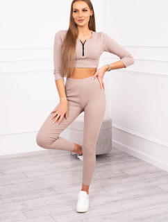 Žebrovaný crop top set tmavě béžový