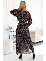 Dlhé dámske plisované šifónové šaty s výstrihom, dlhými rukávmi, opaskom as hnedým zebrím vzorom 511-2