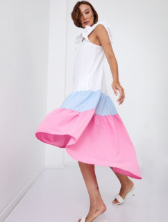 Letné šaty bez ramienok s dlhším chrbtom v modrej a ružovej farbe
