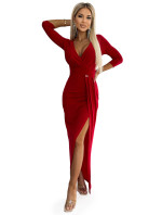 Lesklé červené dlhé dámske šaty s výstrihom, brokátom a rázporkom na nohe 404-7