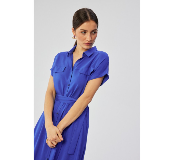 S364 Viskózové maxi košeľové šaty - modré