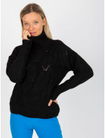 Čierny ažurový sveter s rolákom RUE PARIS