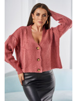 Rebrovaný sveter s gombíkmi v tmavoružovej farbe