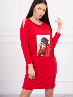 Šaty s grafikou a mašľou v bodkovanej 3D červenej farbe