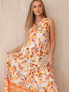 Viskózové šaty s květinovým motivem a vázaným výstřihem pomeranč