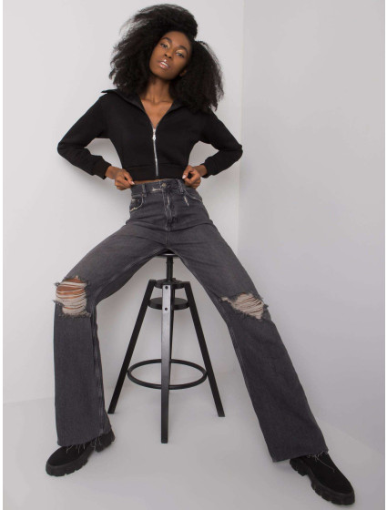 Čierne džínsy s rovnými nohavicami Crystal RUE PARIS s dierami
