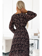Dlhé dámske plisované šifónové šaty s výstrihom, dlhými rukávmi, opaskom as hnedým zebrím vzorom 511-2