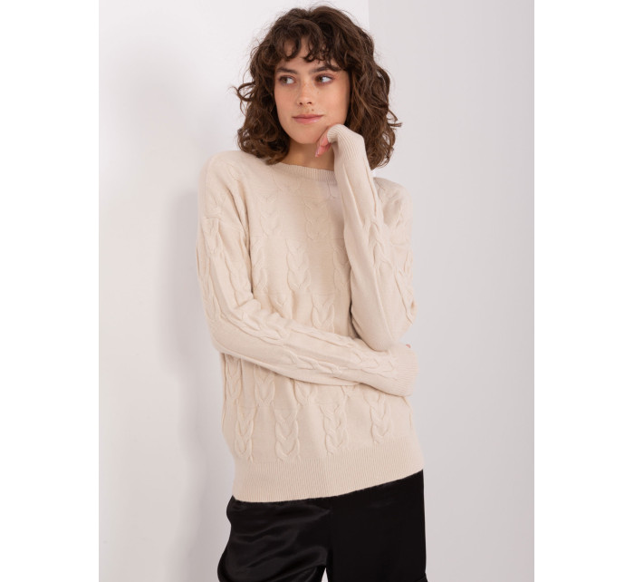 Svetlý béžový pletený dámsky sveter s káblovým vzorom