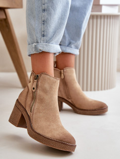 Zateplené dámske členkové topánky na podpätku Eco Suede Beige Velarilla