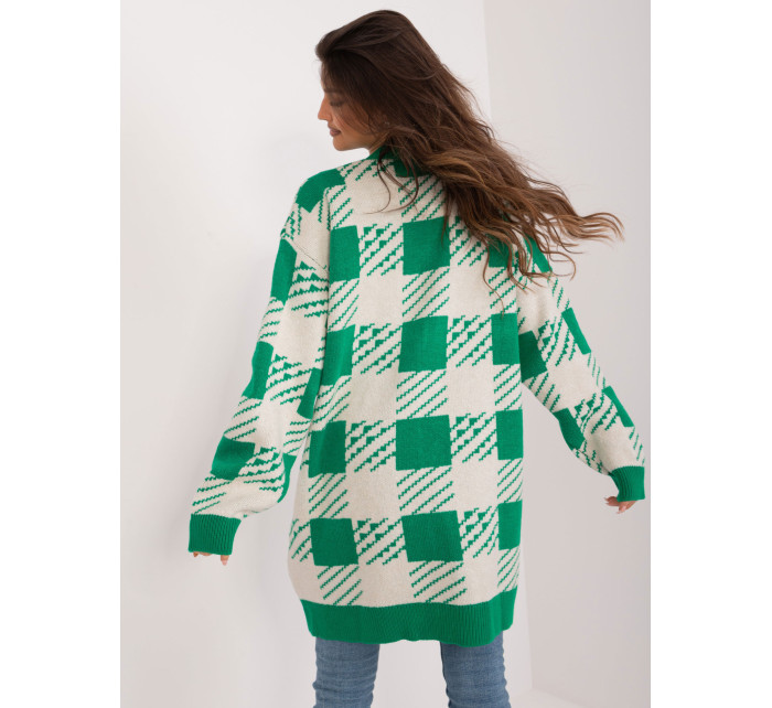 Zeleno-béžový oversize sveter s geometrickým vzorom
