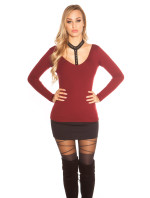 Trendy KouCla V-Cut sweater with choker & rivets